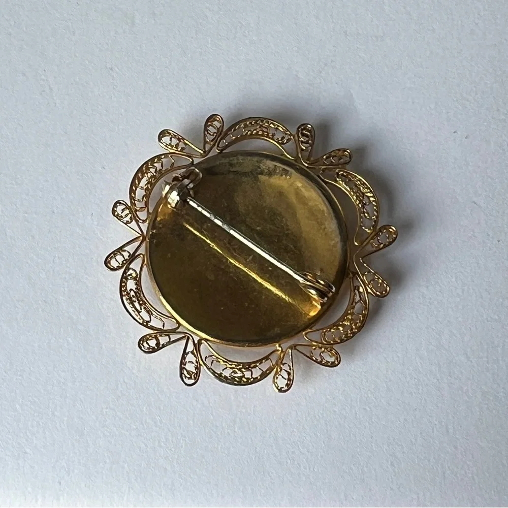 Damascene Round Bird Floral Filagree Gold Black Pin Brooch